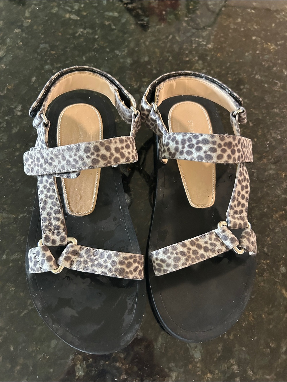 Stuart Weitzman Leopard Print and Black Strappy Sandals